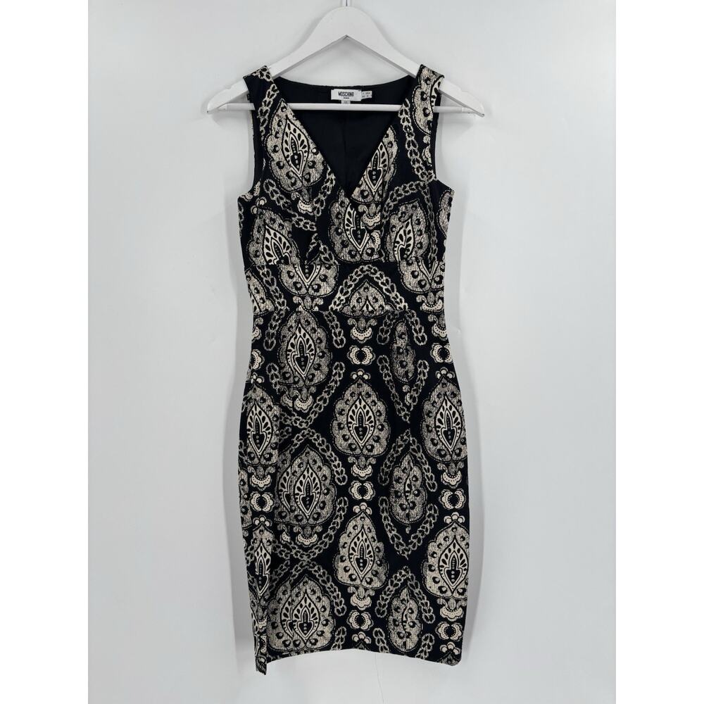Moschino Jeans Donna Dress Womens 6 Black Ivory Sleeveless Sheath V Neck Pleated